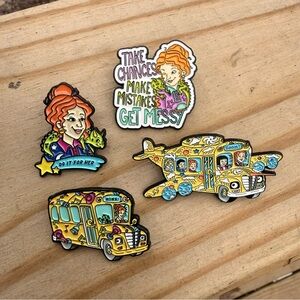 The Magic School Bus 4-piece Enamel Lapel Pin Set Ms. Frizzle Lizard Liz NWT